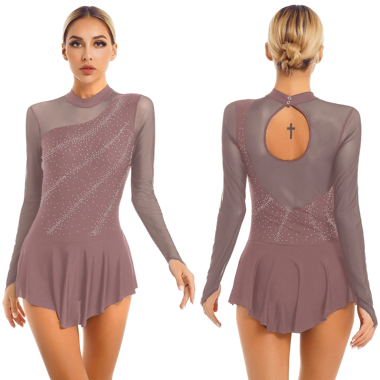 Women Figure Ice Skating Dance Dress Lyrical Dance Ballet Gymnastics Leotard Tutu Long Sleeve Mesh Shiny Rhinestone Dancewear