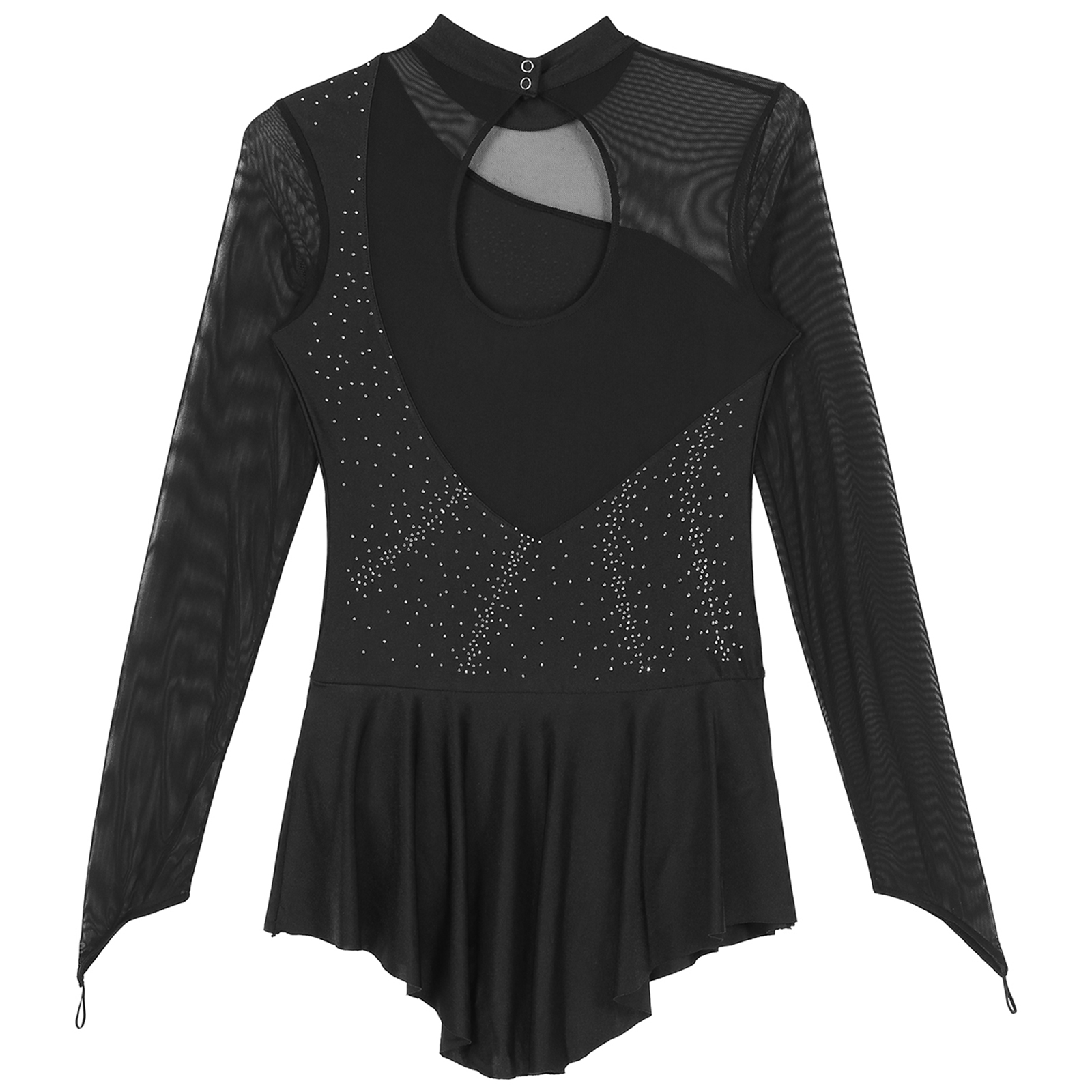 Women Figure Ice Skating Dance Dress Lyrical Dance Ballet Gymnastics Leotard Tutu Long Sleeve Mesh Shiny Rhinestone Dancewear