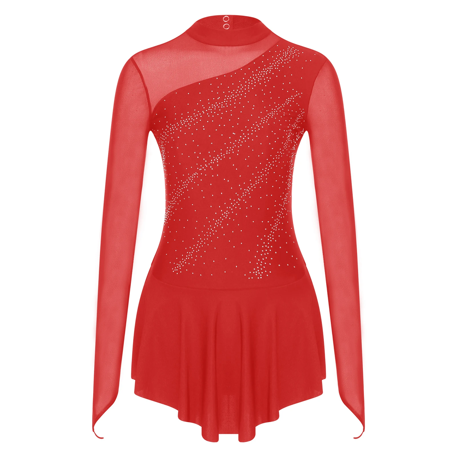 Women Figure Ice Skating Dance Dress Lyrical Dance Ballet Gymnastics Leotard Tutu Long Sleeve Mesh Shiny Rhinestone Dancewear