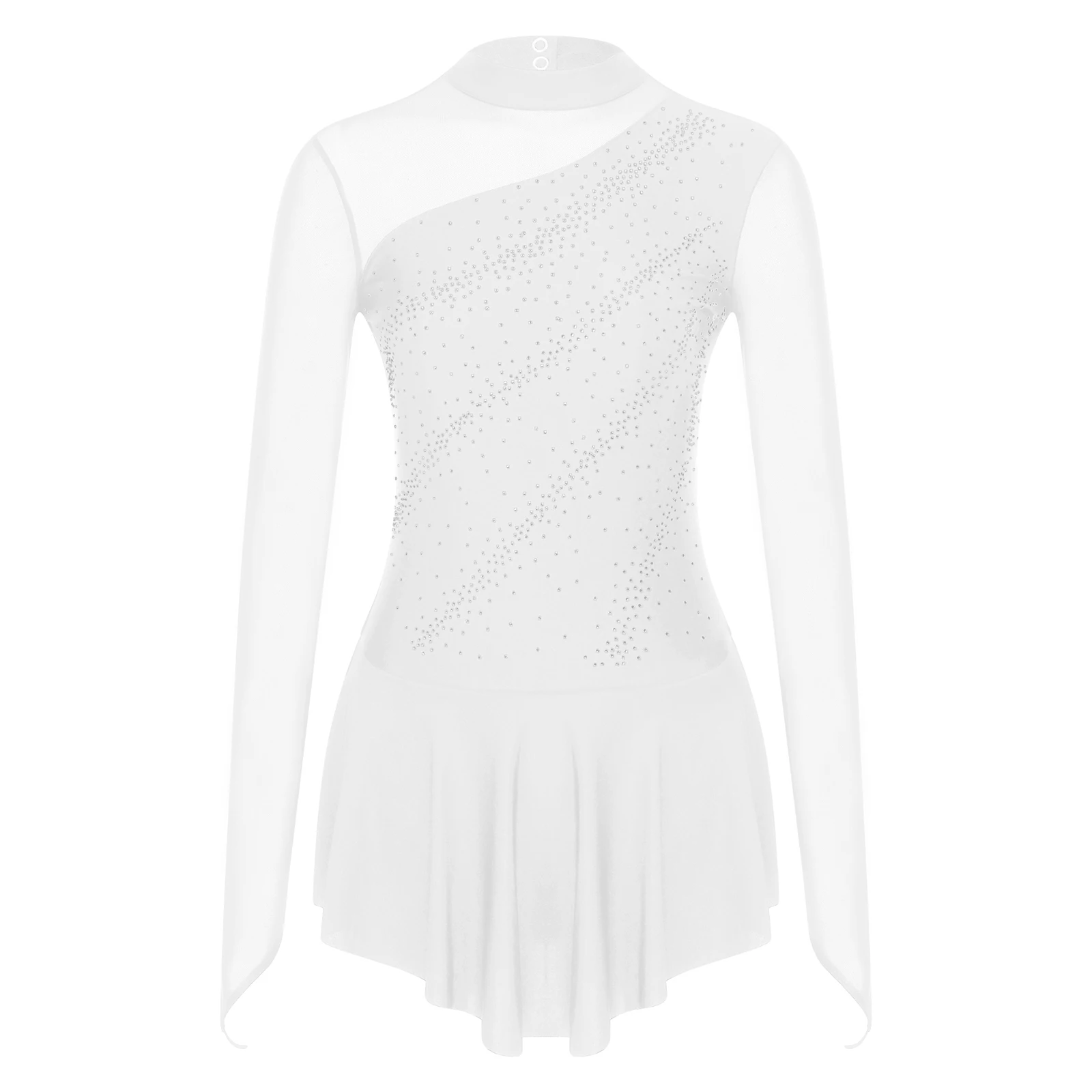 Women Figure Ice Skating Dance Dress Lyrical Dance Ballet Gymnastics Leotard Tutu Long Sleeve Mesh Shiny Rhinestone Dancewear
