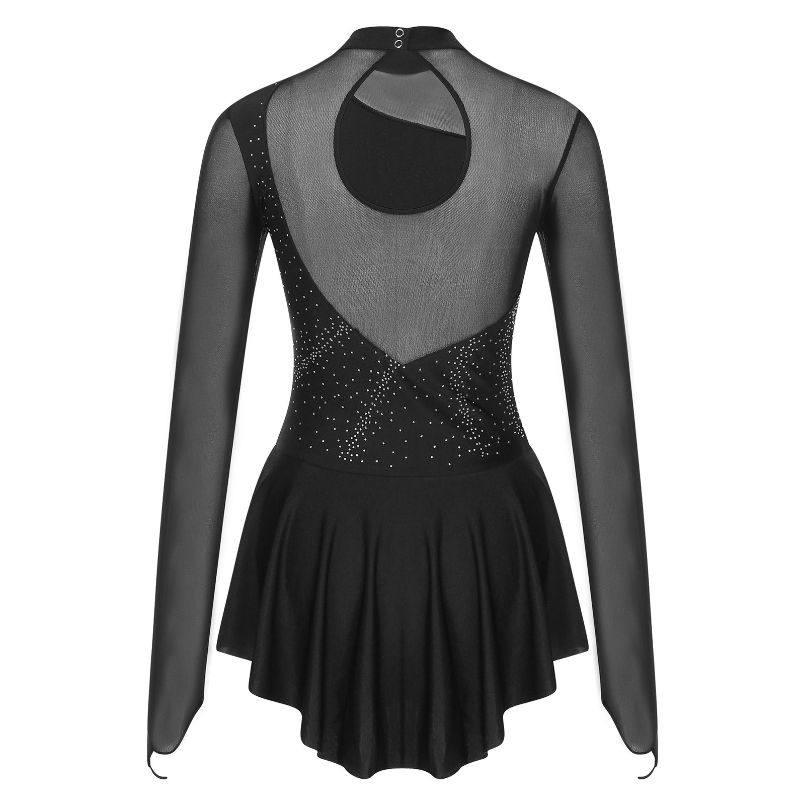 Women Figure Ice Skating Dance Dress Lyrical Dance Ballet Gymnastics Leotard Tutu Long Sleeve Mesh Shiny Rhinestone Dancewear
