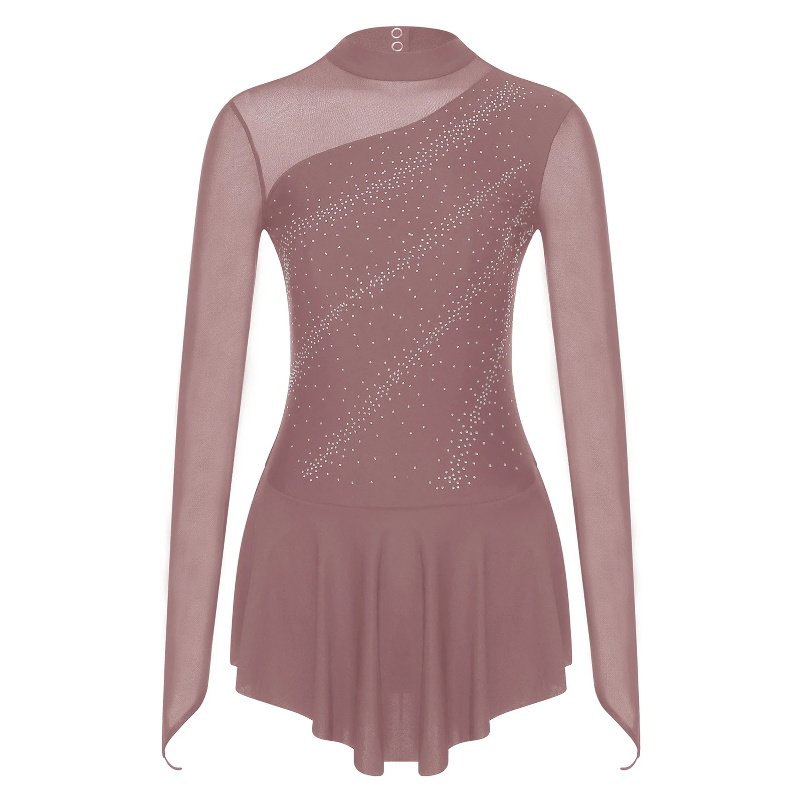 Women Figure Ice Skating Dance Dress Lyrical Dance Ballet Gymnastics Leotard Tutu Long Sleeve Mesh Shiny Rhinestone Dancewear