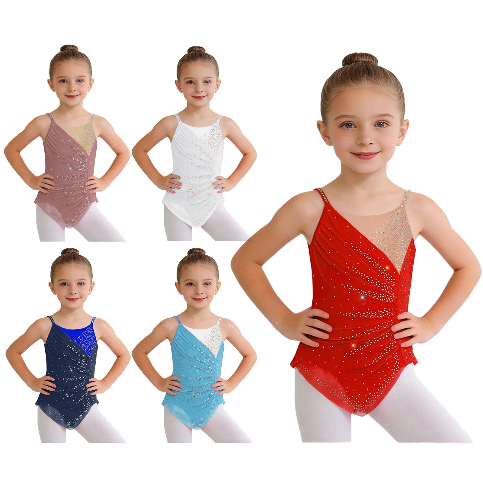 Rhythmic Gymnastics Leotatd Childs Spaghetti Straps Ruched Figure Skating Jumpsuits Kids Girls Sleeveless Ballet Dance Costume
