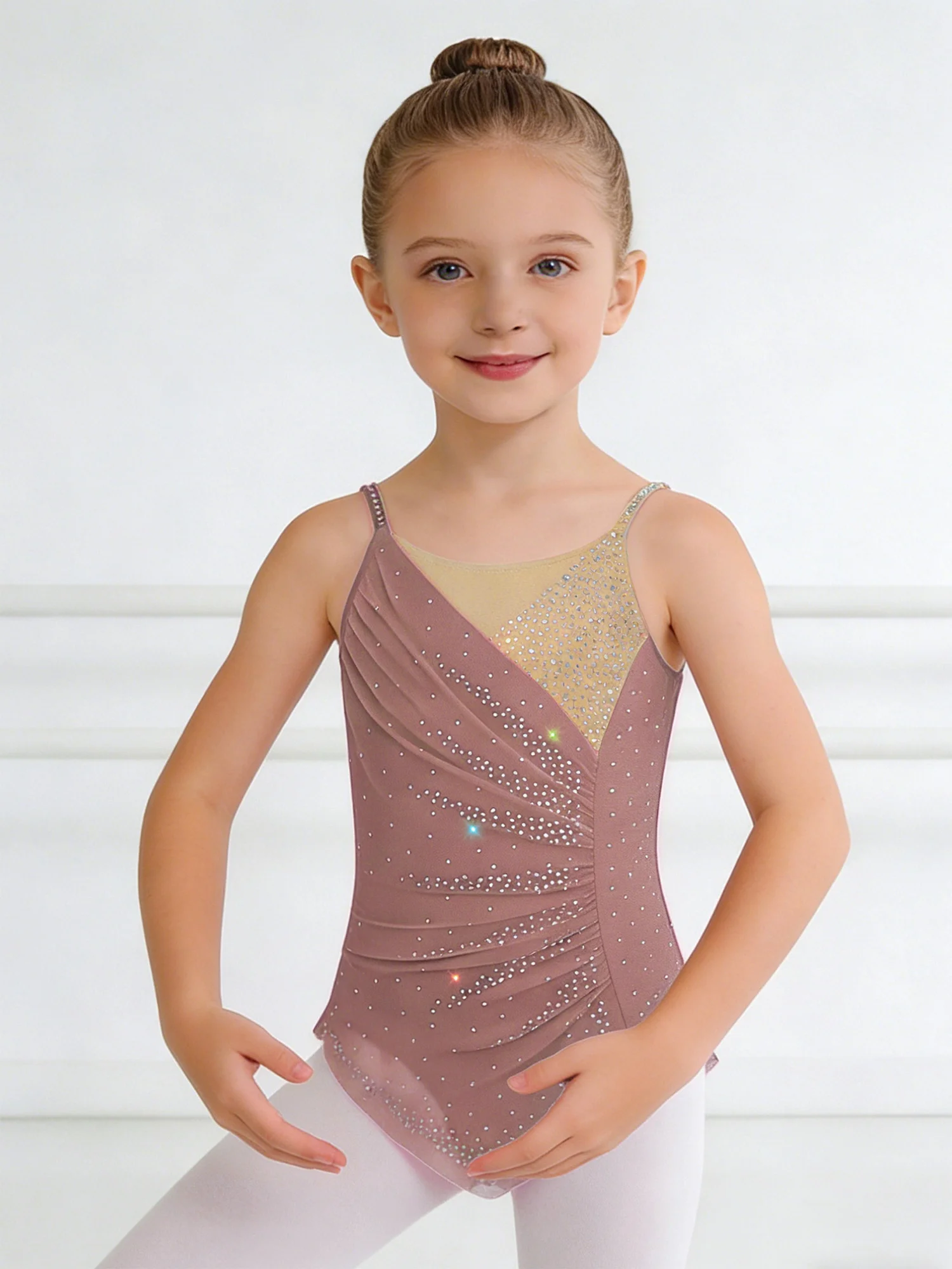 Rhythmic Gymnastics Leotatd Childs Spaghetti Straps Ruched Figure Skating Jumpsuits Kids Girls Sleeveless Ballet Dance Costume