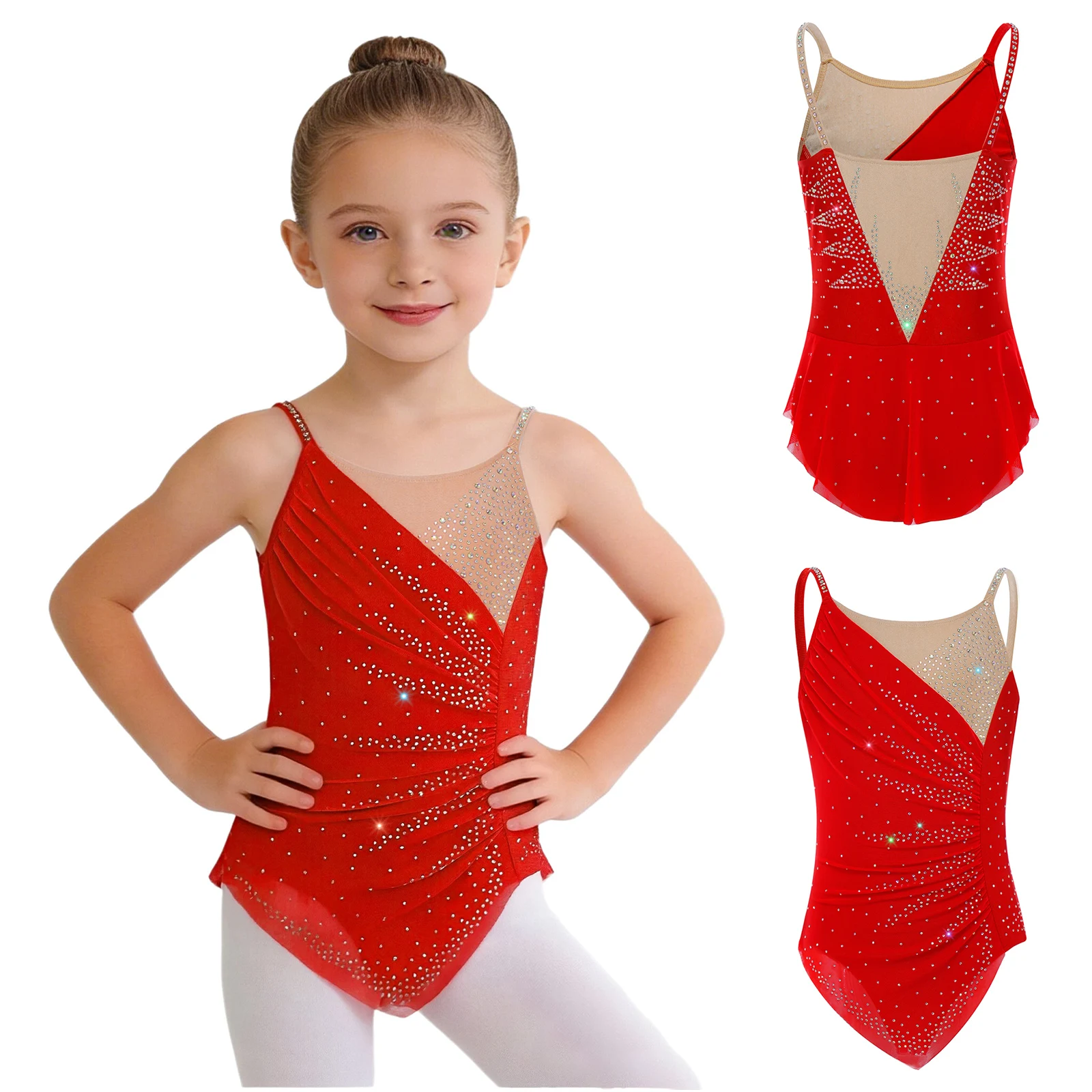 Rhythmic Gymnastics Leotatd Childs Spaghetti Straps Ruched Figure Skating Jumpsuits Kids Girls Sleeveless Ballet Dance Costume
