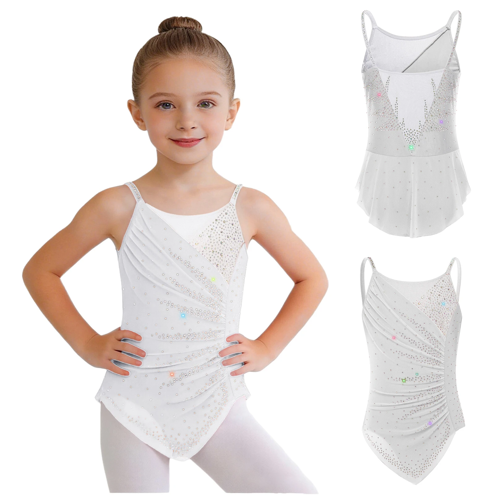 Rhythmic Gymnastics Leotatd Childs Spaghetti Straps Ruched Figure Skating Jumpsuits Kids Girls Sleeveless Ballet Dance Costume