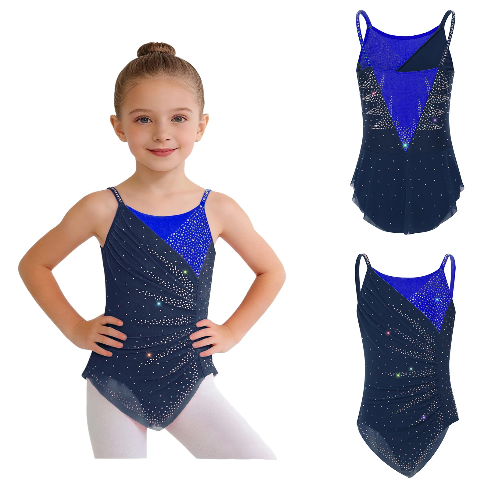 Rhythmic Gymnastics Leotatd Childs Spaghetti Straps Ruched Figure Skating Jumpsuits Kids Girls Sleeveless Ballet Dance Costume