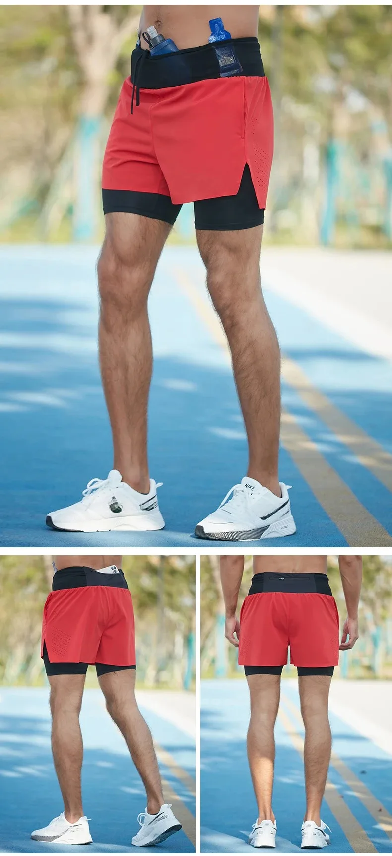 Double-deck Outdoor Marathon Basketball Running Mens Gym Fitness Run Shorts Quick Drying Pocket Traning Jogging Workout Shorts
