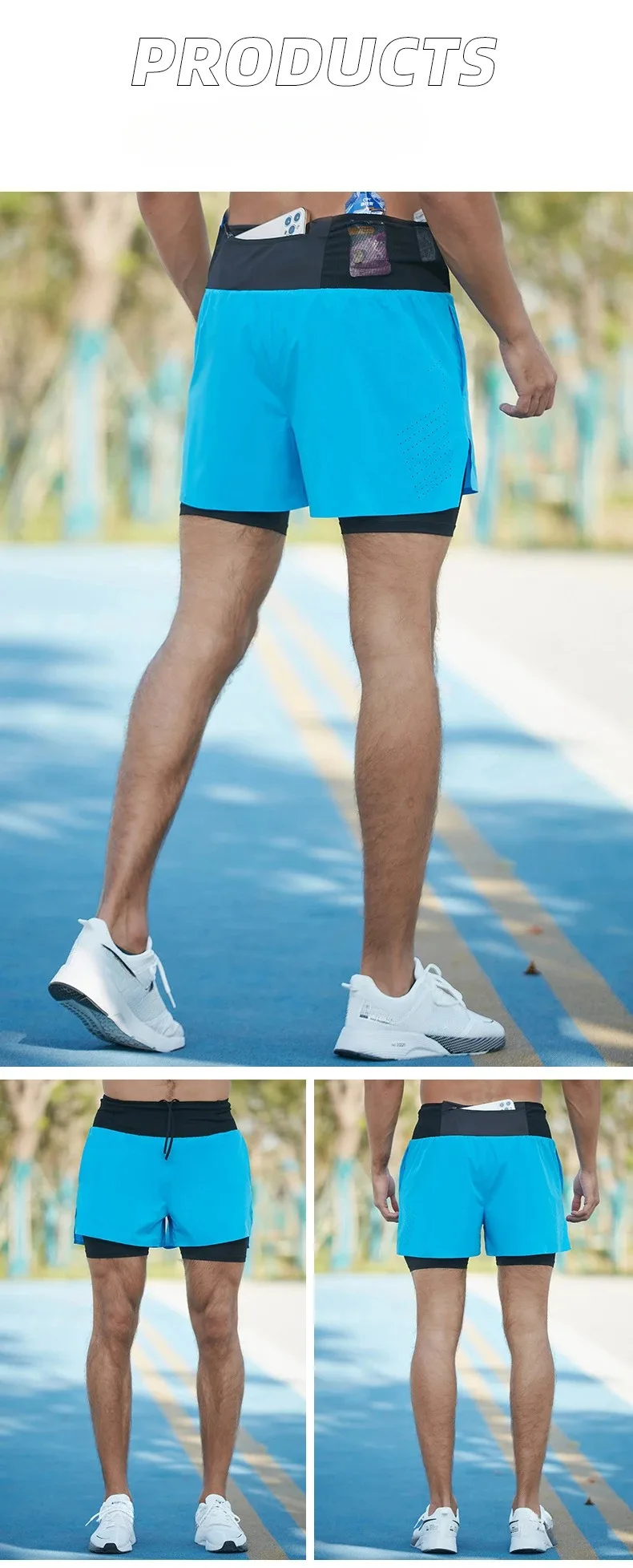 Double-deck Outdoor Marathon Basketball Running Mens Gym Fitness Run Shorts Quick Drying Pocket Traning Jogging Workout Shorts