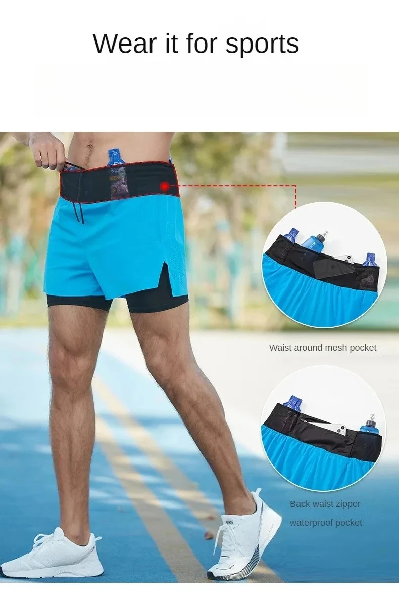 Double-deck Outdoor Marathon Basketball Running Mens Gym Fitness Run Shorts Quick Drying Pocket Traning Jogging Workout Shorts