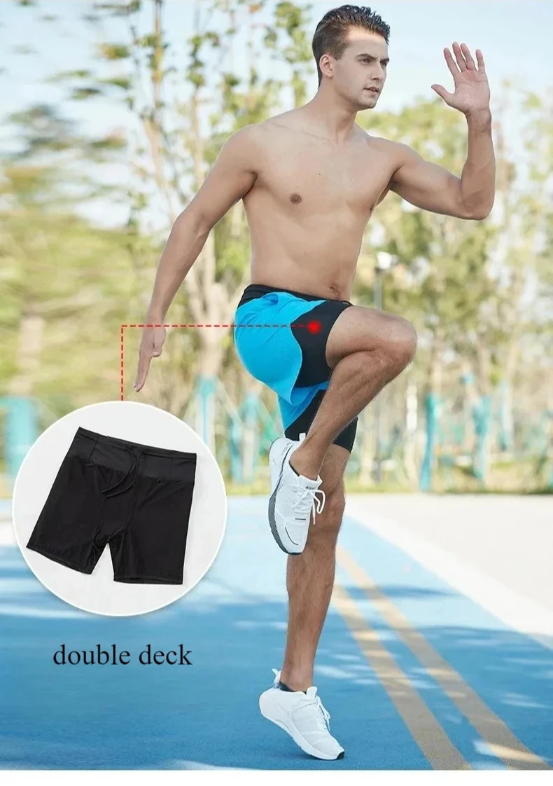 Double-deck Outdoor Marathon Basketball Running Mens Gym Fitness Run Shorts Quick Drying Pocket Traning Jogging Workout Shorts