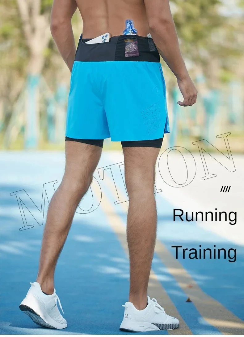 Double-deck Outdoor Marathon Basketball Running Mens Gym Fitness Run Shorts Quick Drying Pocket Traning Jogging Workout Shorts