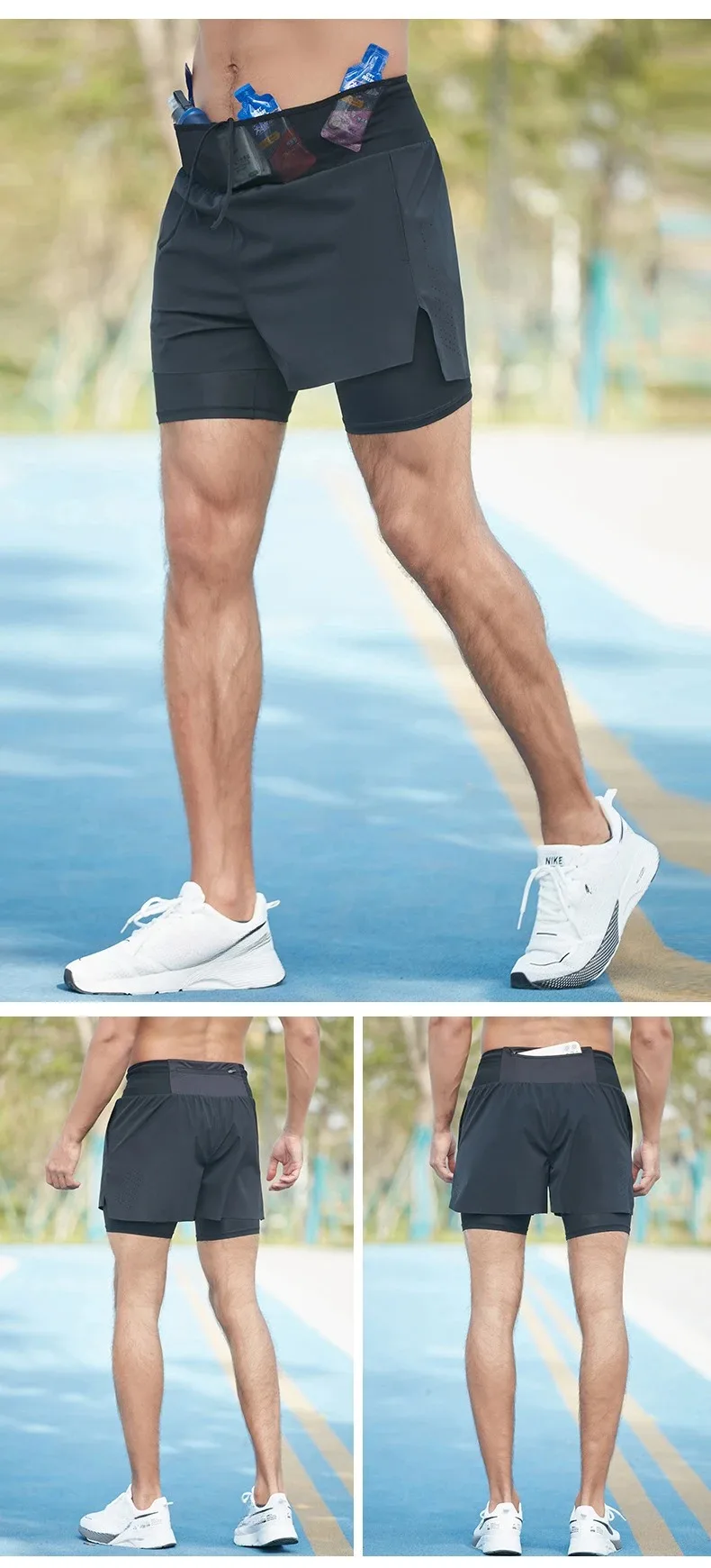Double-deck Outdoor Marathon Basketball Running Mens Gym Fitness Run Shorts Quick Drying Pocket Traning Jogging Workout Shorts