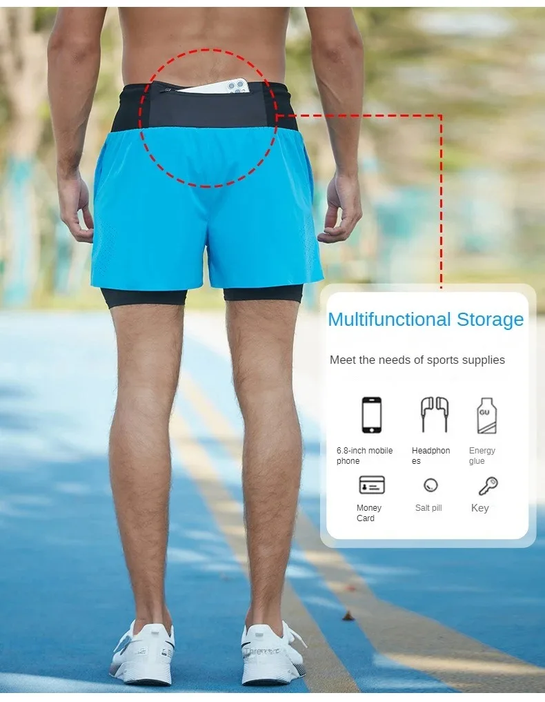 Double-deck Outdoor Marathon Basketball Running Mens Gym Fitness Run Shorts Quick Drying Pocket Traning Jogging Workout Shorts