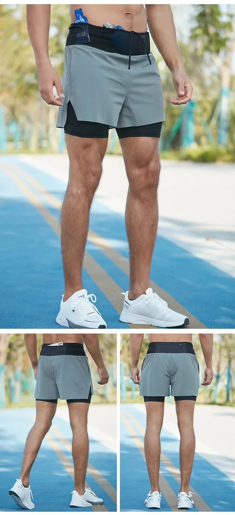 Double-deck Outdoor Marathon Basketball Running Mens Gym Fitness Run Shorts Quick Drying Pocket Traning Jogging Workout Shorts