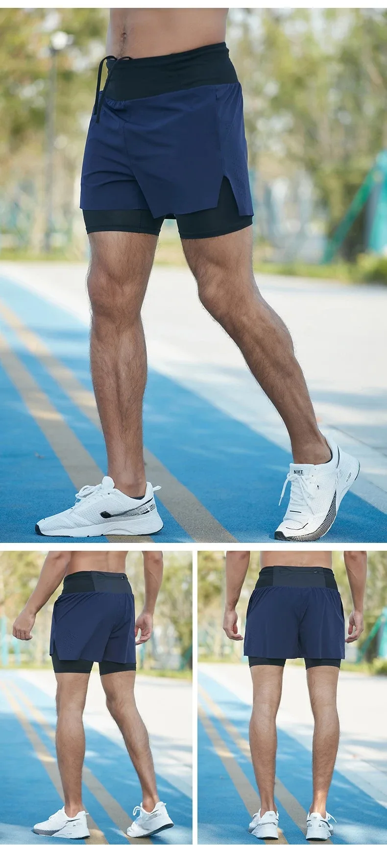 Double-deck Outdoor Marathon Basketball Running Mens Gym Fitness Run Shorts Quick Drying Pocket Traning Jogging Workout Shorts