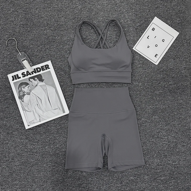 SOISOU Nylon Gym Yoga Set Women's Tracksuit Cycling Shorts Set Tight Elastic Short Chest Pad Removable Bra Womens Clothing