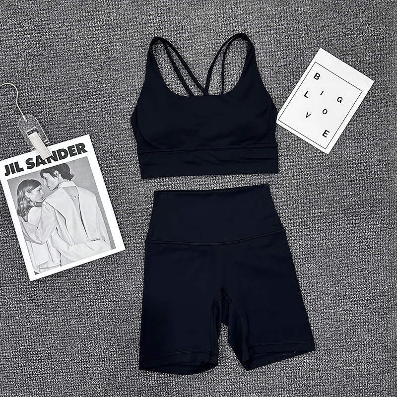 SOISOU Nylon Gym Yoga Set Women's Tracksuit Cycling Shorts Set Tight Elastic Short Chest Pad Removable Bra Womens Clothing