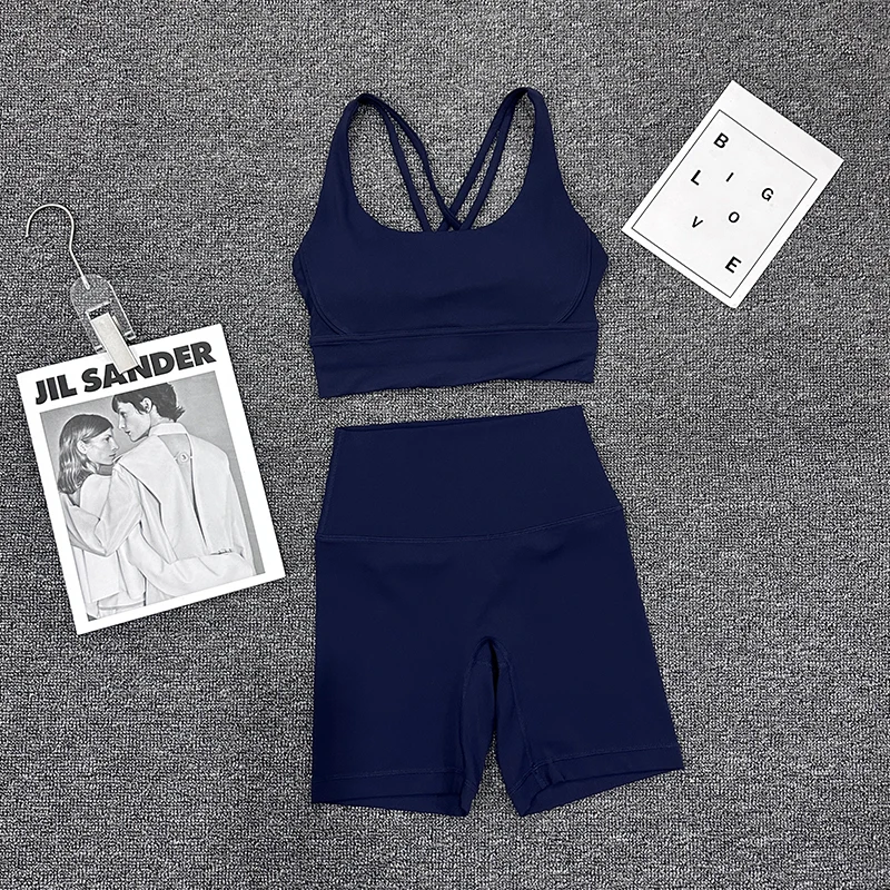 SOISOU Nylon Gym Yoga Set Women's Tracksuit Cycling Shorts Set Tight Elastic Short Chest Pad Removable Bra Womens Clothing
