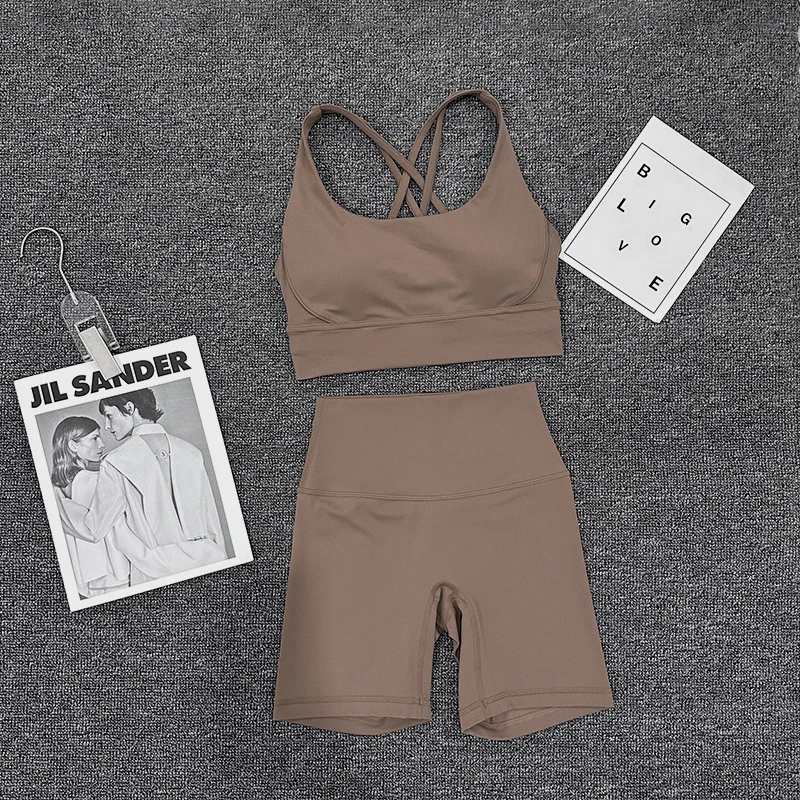 SOISOU Nylon Gym Yoga Set Women's Tracksuit Cycling Shorts Set Tight Elastic Short Chest Pad Removable Bra Womens Clothing