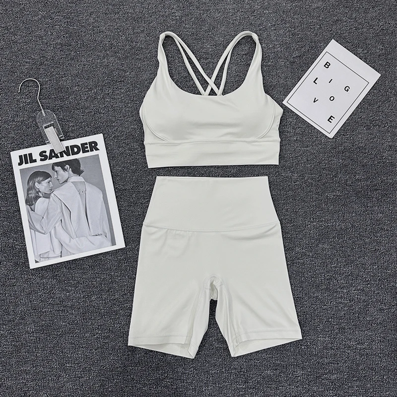SOISOU Nylon Gym Yoga Set Women's Tracksuit Cycling Shorts Set Tight Elastic Short Chest Pad Removable Bra Womens Clothing
