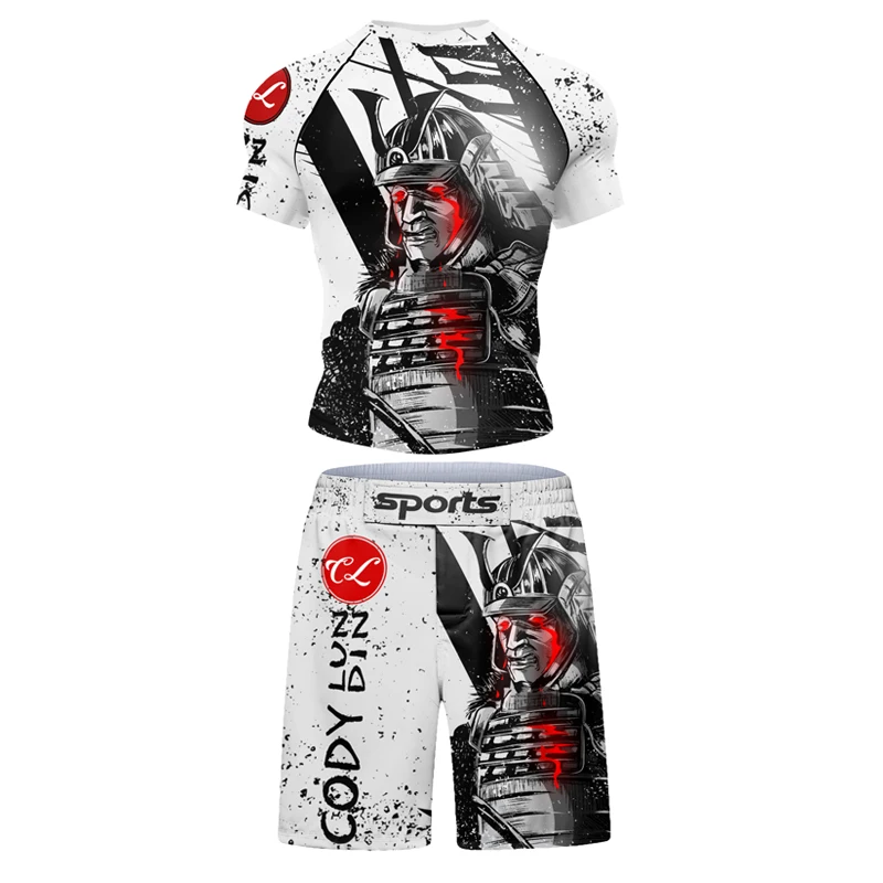 New Men Rashguard MMA T-shirt +Pants MMA Shorts 4PCS/Set Brazilian Grappling Jiu Jitsu Bjj Boxing Jerseys Rash Guard Sportswear