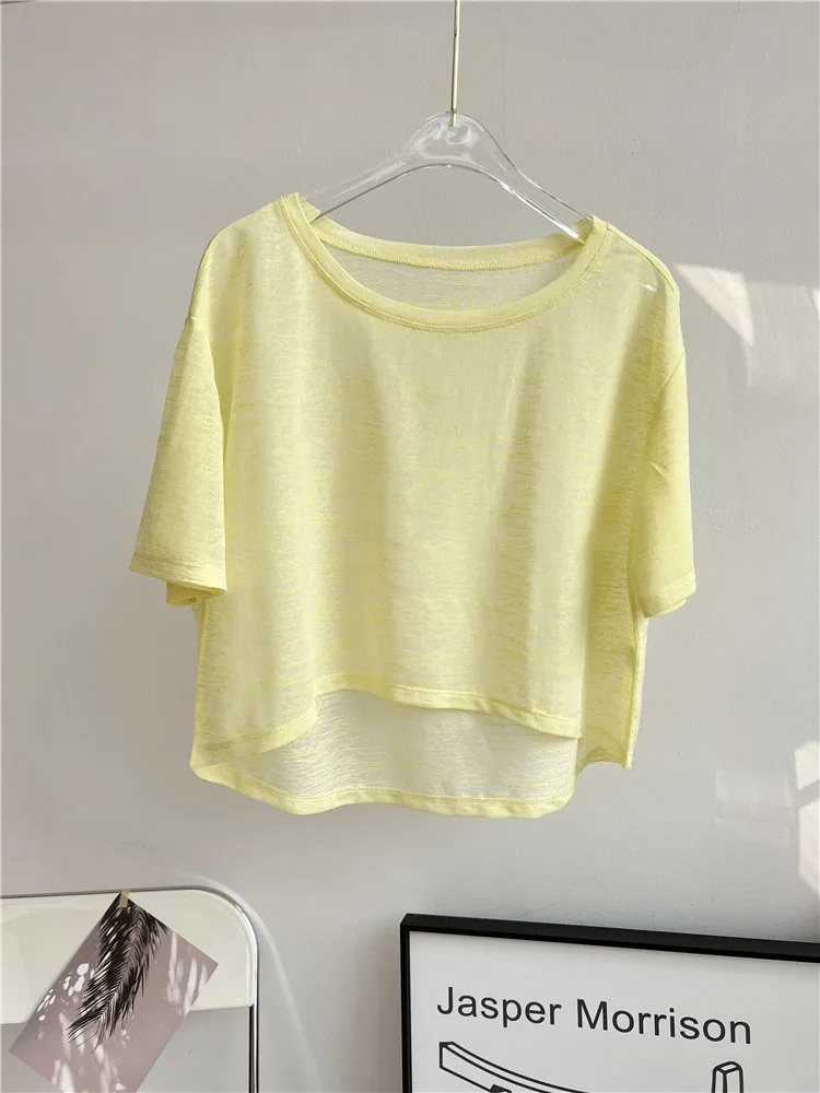 Women  Round Neck Jacquard Stitching Breathable Fitness Short Sleeve Sport Yoga T-shirt Loose Crop Top Quick Dry Gym Clothes