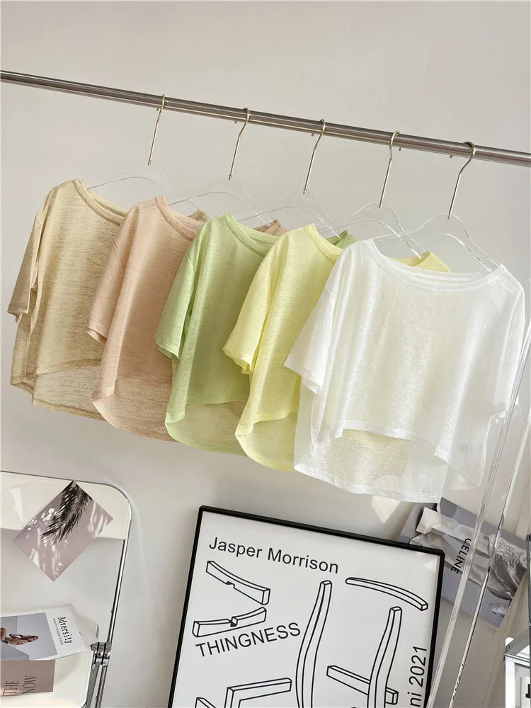 Women  Round Neck Jacquard Stitching Breathable Fitness Short Sleeve Sport Yoga T-shirt Loose Crop Top Quick Dry Gym Clothes