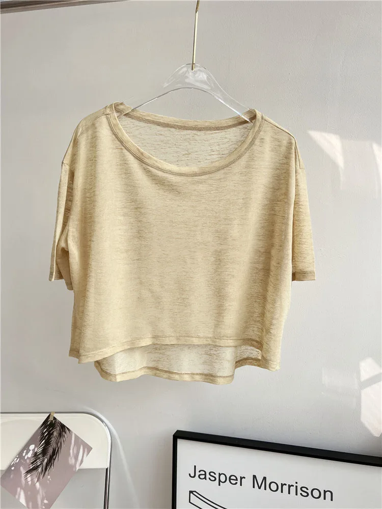 Women  Round Neck Jacquard Stitching Breathable Fitness Short Sleeve Sport Yoga T-shirt Loose Crop Top Quick Dry Gym Clothes