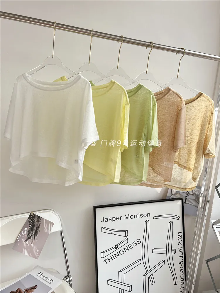 Women  Round Neck Jacquard Stitching Breathable Fitness Short Sleeve Sport Yoga T-shirt Loose Crop Top Quick Dry Gym Clothes