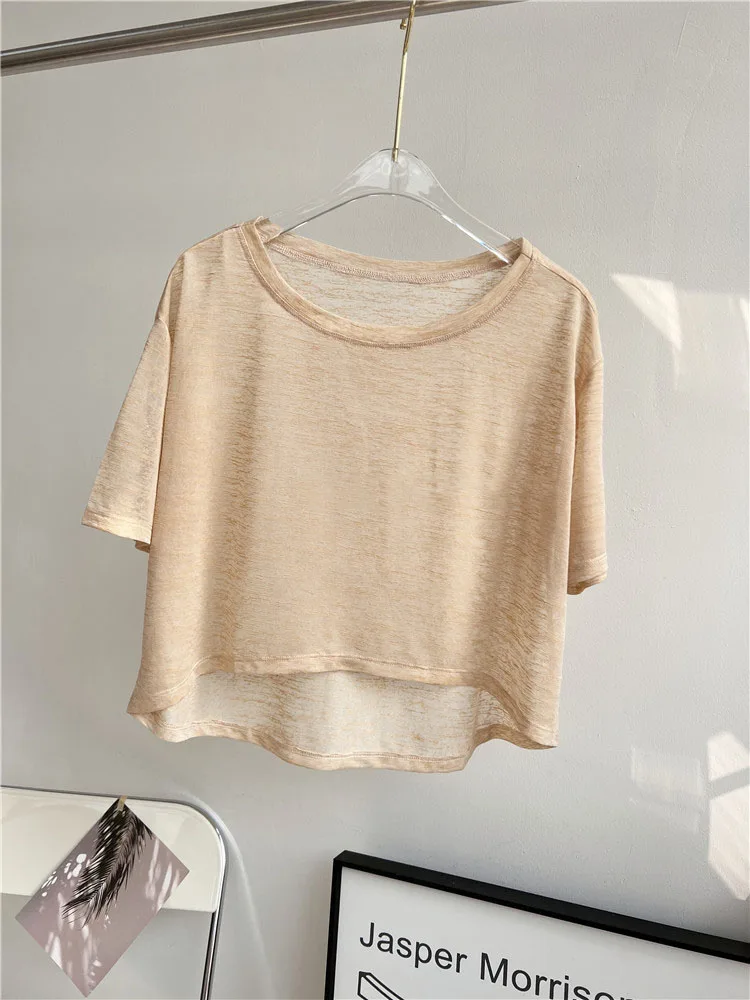 Women  Round Neck Jacquard Stitching Breathable Fitness Short Sleeve Sport Yoga T-shirt Loose Crop Top Quick Dry Gym Clothes
