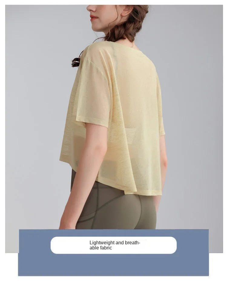 Women  Round Neck Jacquard Stitching Breathable Fitness Short Sleeve Sport Yoga T-shirt Loose Crop Top Quick Dry Gym Clothes