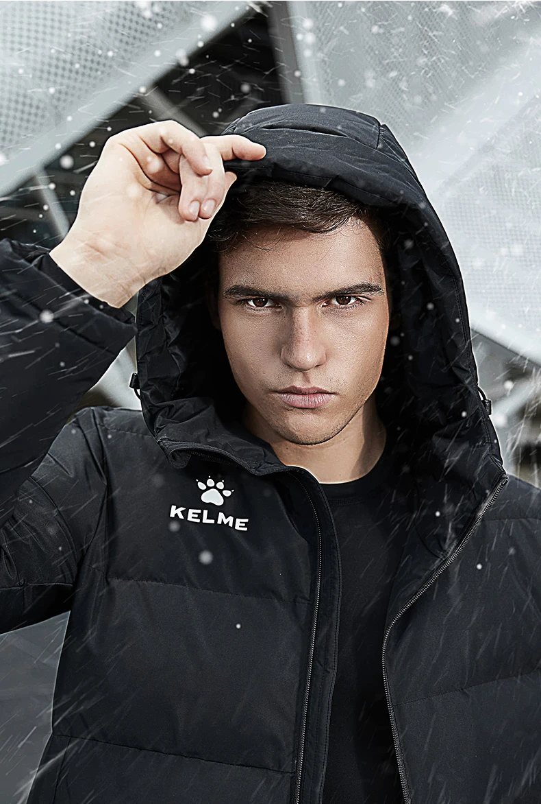 KELME Men Winter Jacket Long Sports Training Hooded Coat Outrwear Warm Silk Cotton Windproof Cotton Clothing пуховик женский