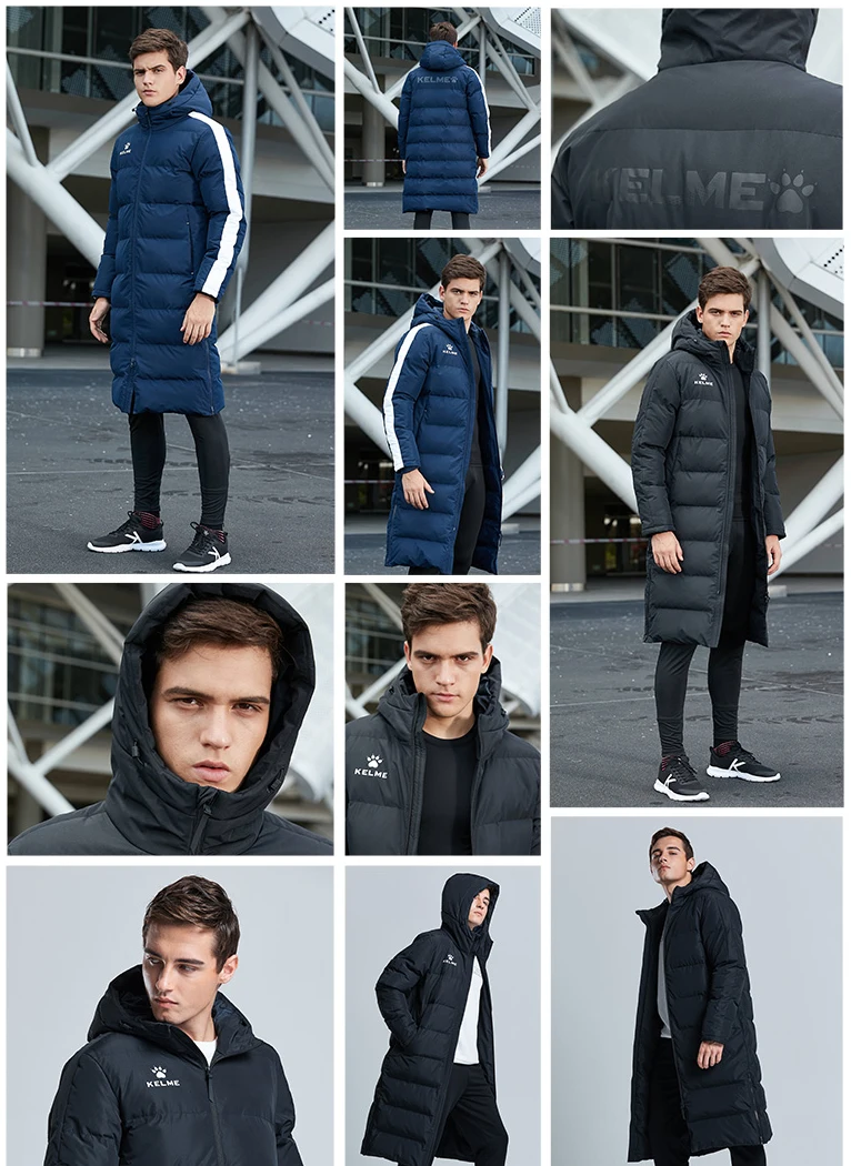 KELME Men Winter Jacket Long Sports Training Hooded Coat Outrwear Warm Silk Cotton Windproof Cotton Clothing пуховик женский