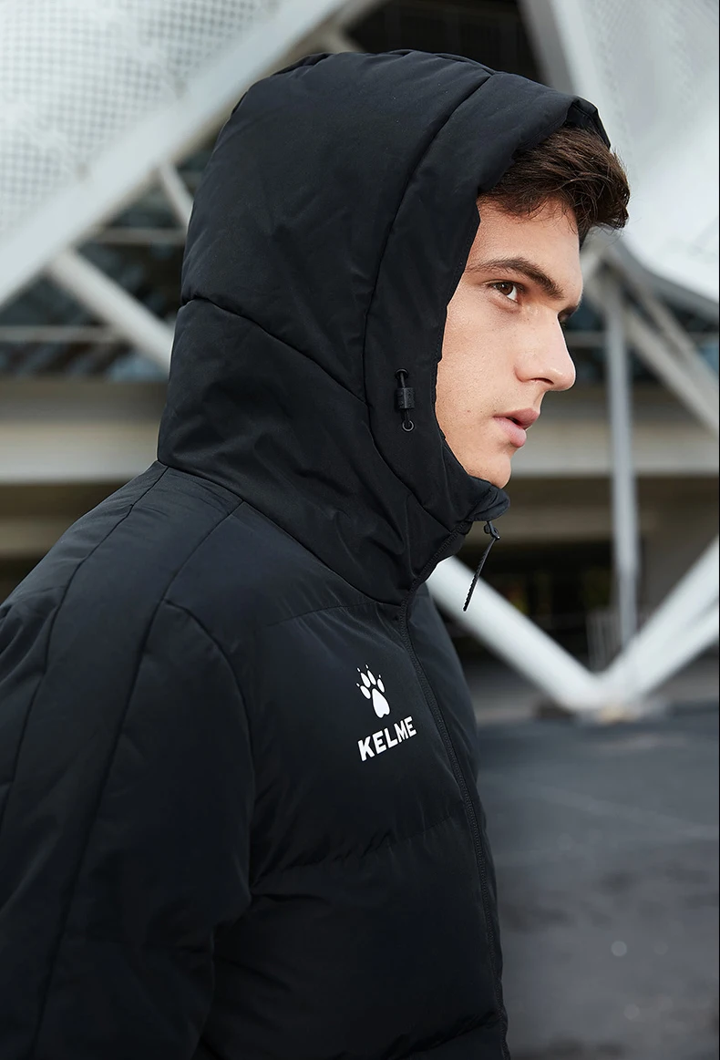 KELME Men Winter Jacket Long Sports Training Hooded Coat Outrwear Warm Silk Cotton Windproof Cotton Clothing пуховик женский