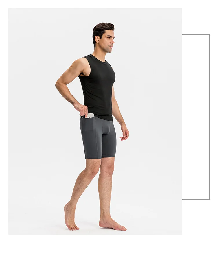 Men's Tight Stretch Fitness Shorts Zip Pocket PRO Stretch Sweat Dry Running Trousers Riding Trousers Running Trousers Beach Pant