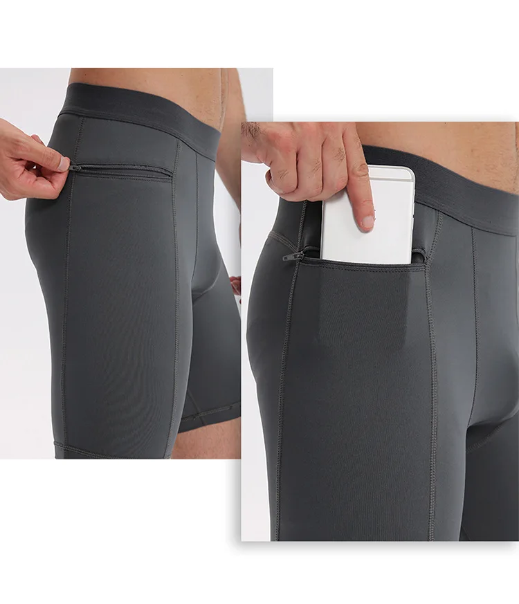 Men's Tight Stretch Fitness Shorts Zip Pocket PRO Stretch Sweat Dry Running Trousers Riding Trousers Running Trousers Beach Pant