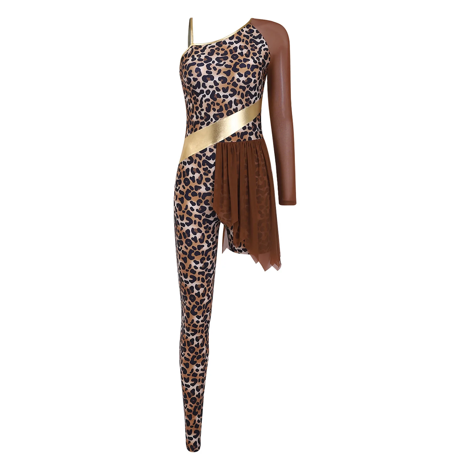 Women One Shoulder Leopard Caveman Gymnastics Ballet Dance Leotard Halloween Carnival Cavewoman Primitive Tribe Dress Up Costume