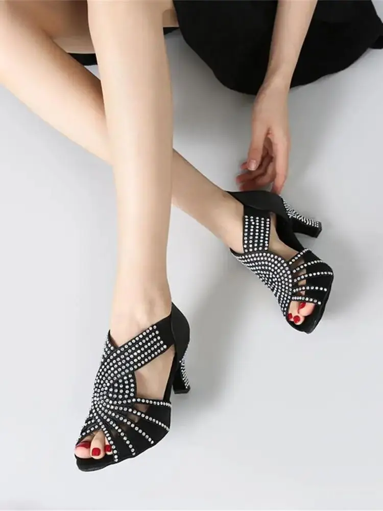 Ailove Fashionable Satin Diamond-Encrusted Mid-High Heel Comfortable Latin Dance Shoes and Cha-Cha Dance Shoes