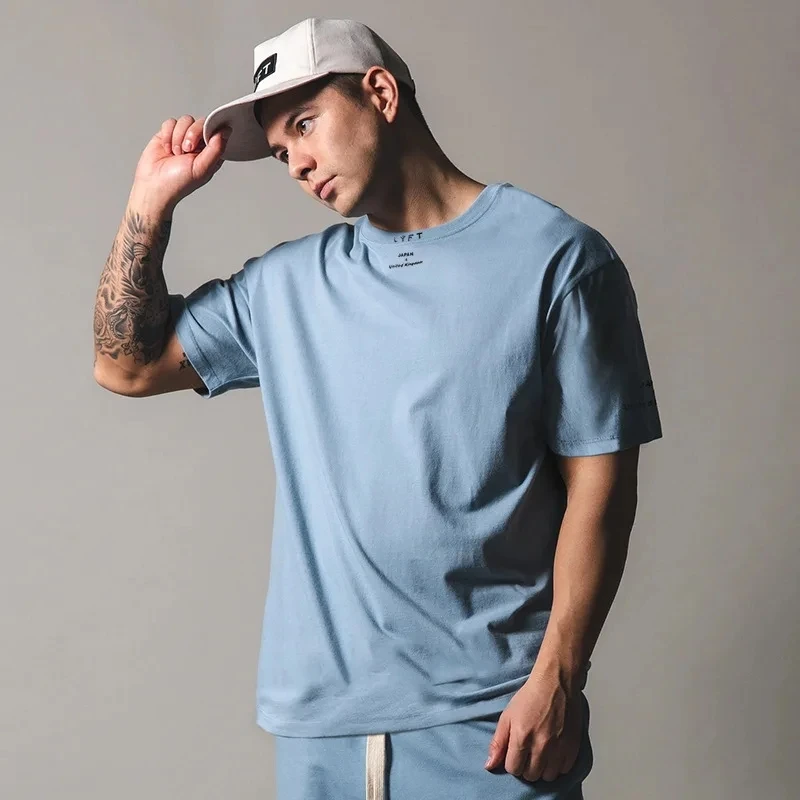 LYFT 100% Cotton Men's Gym T-Shirt Loose Fit Short Sleeve Sport Fitness Running Workout Training Shirt in Sizes M to XXXL