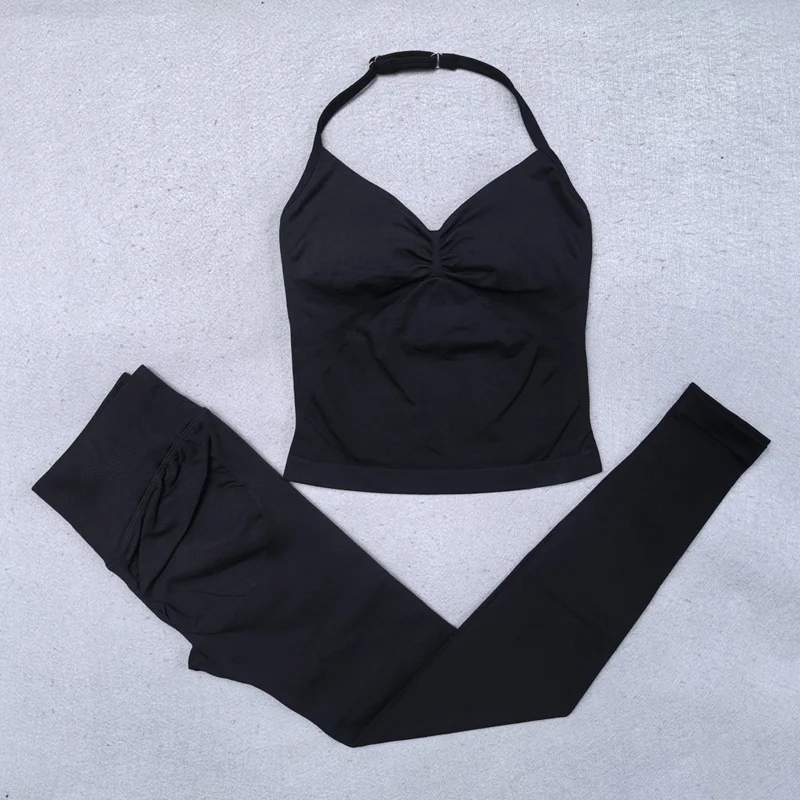 Seamless Yoga Set Women 2Pcs Padded Halter Tank Top Scrunch Butt Lifting Gym Leggings Set Woman Sportswear Workout Clothes