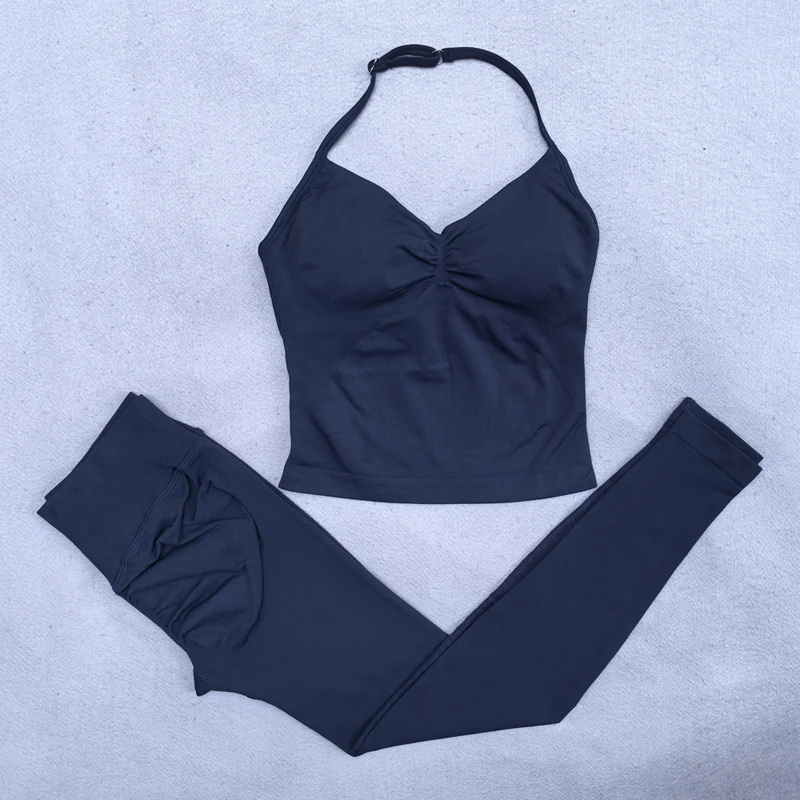 Seamless Yoga Set Women 2Pcs Padded Halter Tank Top Scrunch Butt Lifting Gym Leggings Set Woman Sportswear Workout Clothes