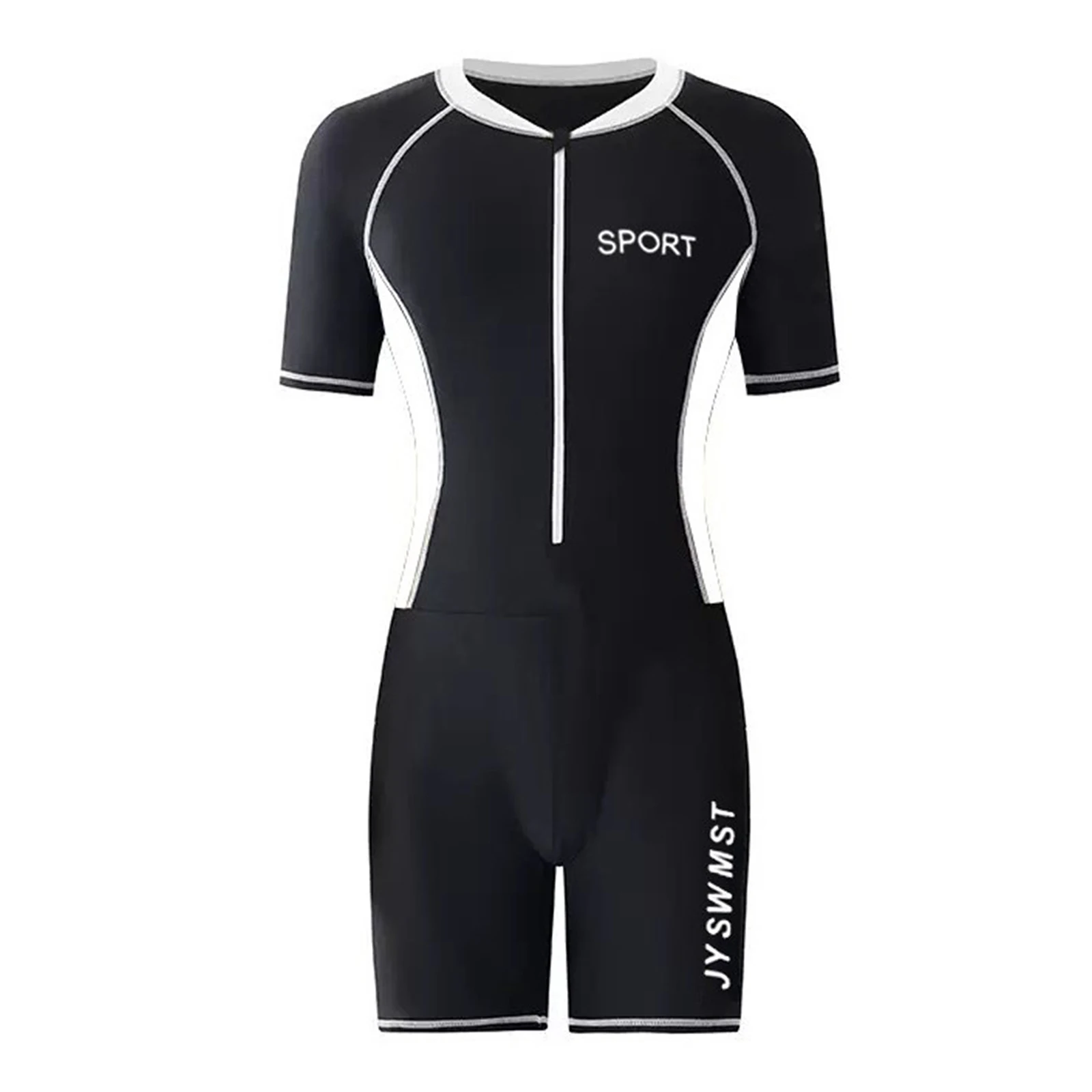 Men Summer One-Piece Swimsuit Color Block Bathing Suit Beach Swimwear Round Neck Short Sleeve Front Zipper Jumpsuit for Surf
