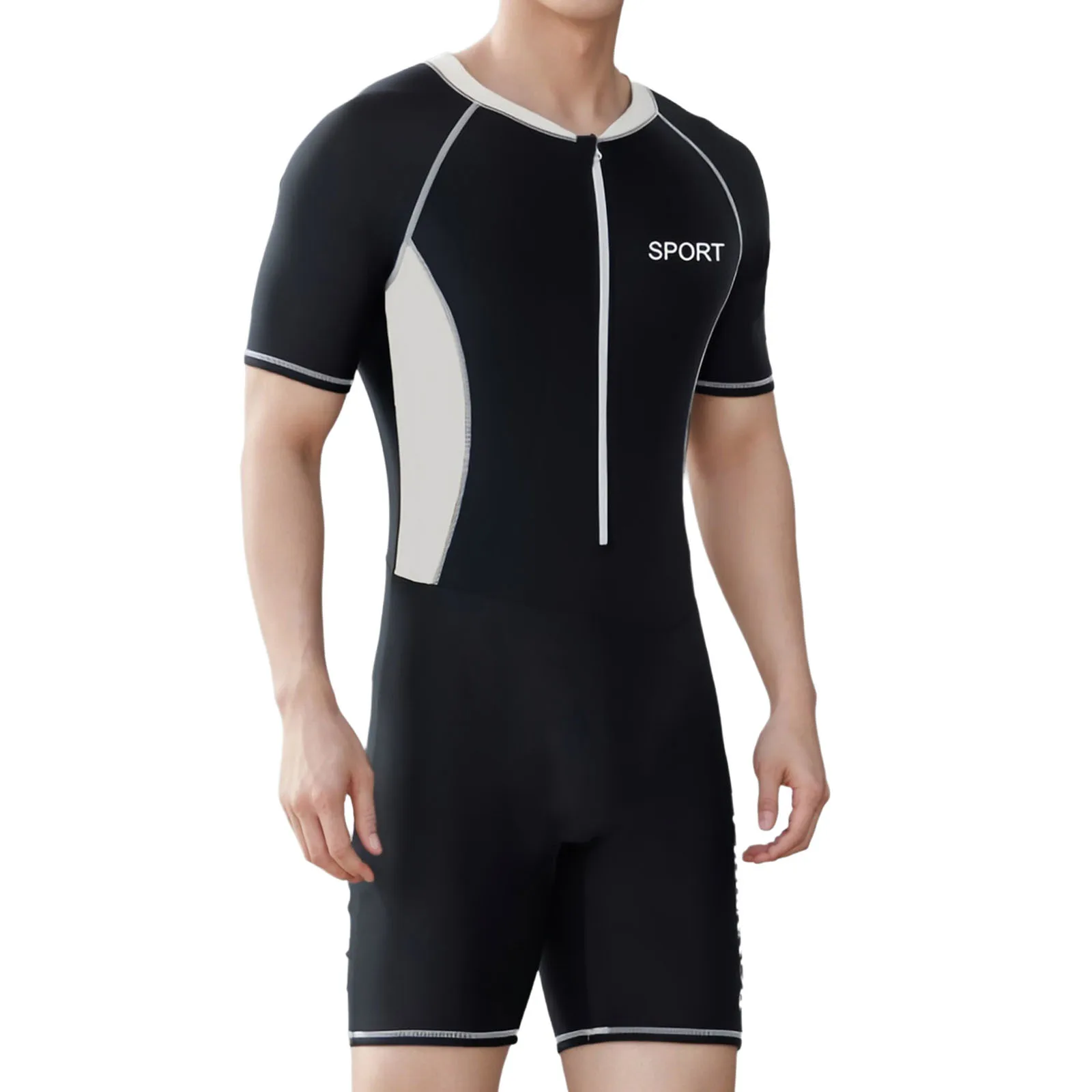Men Summer One-Piece Swimsuit Color Block Bathing Suit Beach Swimwear Round Neck Short Sleeve Front Zipper Jumpsuit for Surf