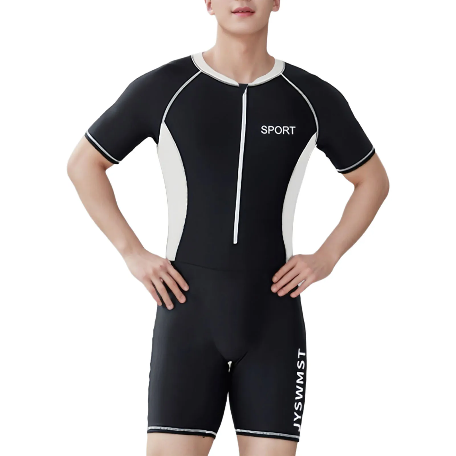 Men Summer One-Piece Swimsuit Color Block Bathing Suit Beach Swimwear Round Neck Short Sleeve Front Zipper Jumpsuit for Surf