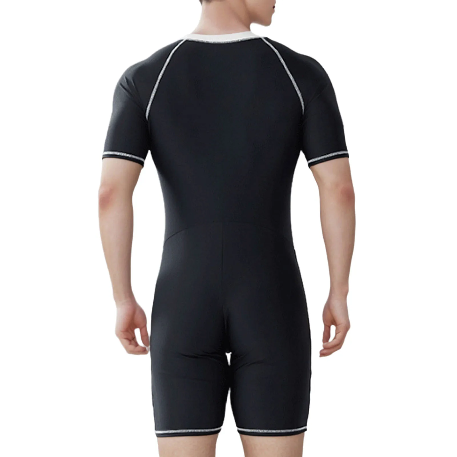 Men Summer One-Piece Swimsuit Color Block Bathing Suit Beach Swimwear Round Neck Short Sleeve Front Zipper Jumpsuit for Surf
