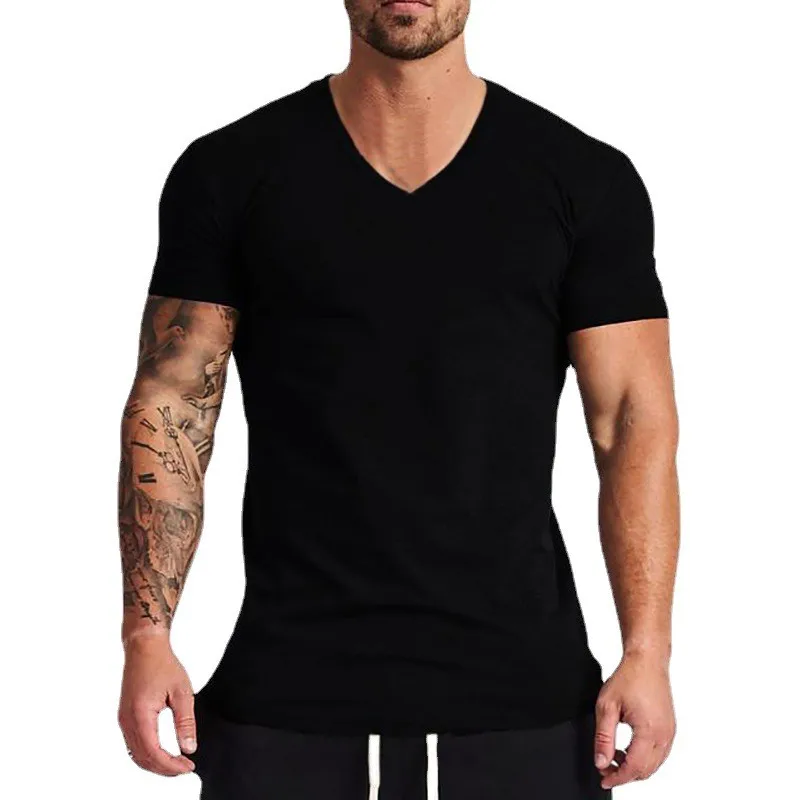 Solid Cotton V-Neck Short Sleeve Running T-Shirts Men Summer Gym T Shirt Fitness Clothing Slim Fit Bodybuilding Workout Tee Tops