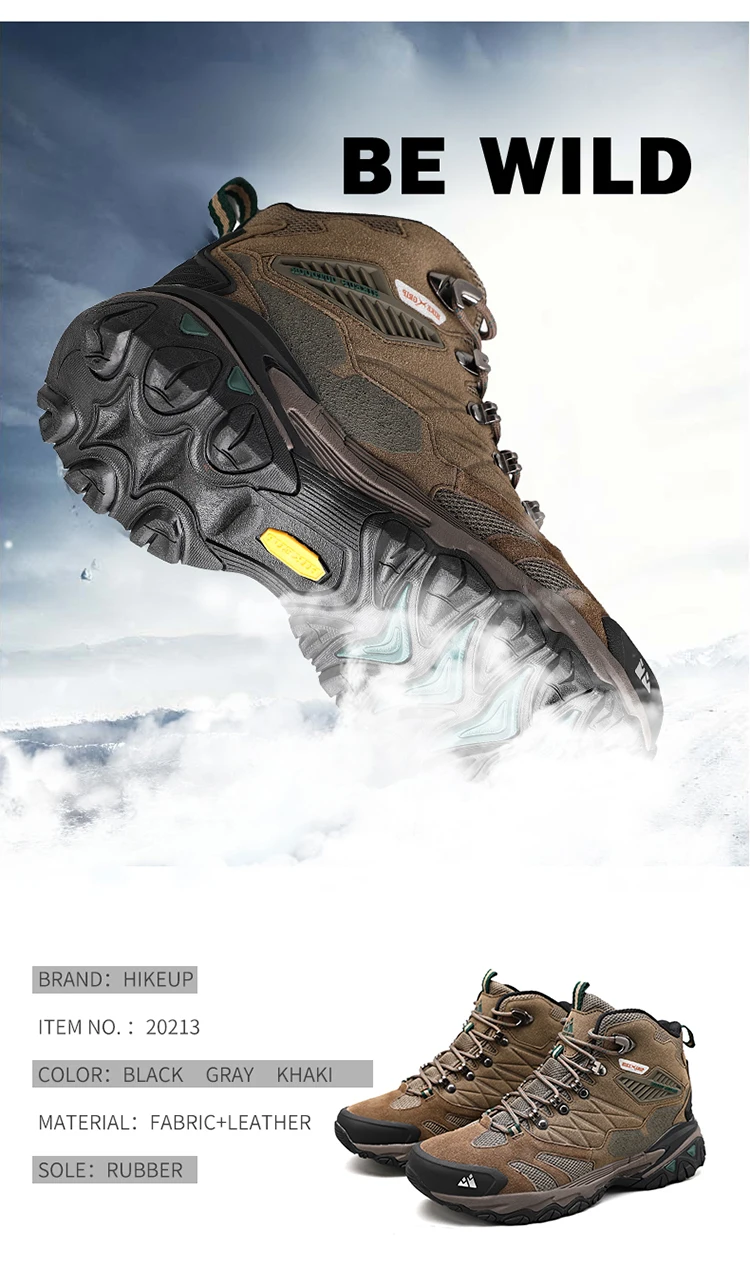 HIKEUP Winter Boot Men Outdoor Hiking Boots Suede High Top Leather Outdoor Trekking Sneakers Mens Mountain Tactical Boots