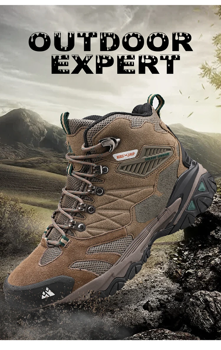 HIKEUP Winter Boot Men Outdoor Hiking Boots Suede High Top Leather Outdoor Trekking Sneakers Mens Mountain Tactical Boots
