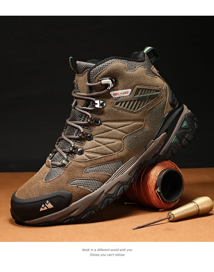 HIKEUP Winter Boot Men Outdoor Hiking Boots Suede High Top Leather Outdoor Trekking Sneakers Mens Mountain Tactical Boots
